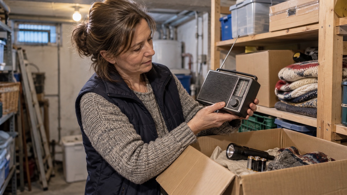 Frau prüft ein altes Radio im Keller
